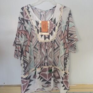 Delila Clothing Collection TX Southwestern Aztec Teal Embellished Sheer Top XL